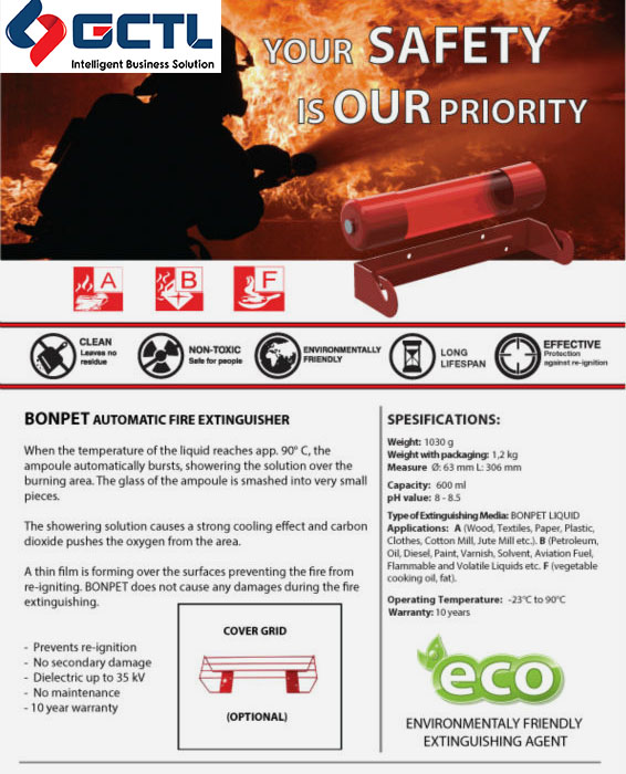 The BONPET is an environment-friendly automatic fire extinguisher based on liquid 2 The BONPET is an environment-friendly automatic fire extinguisher based on liquid